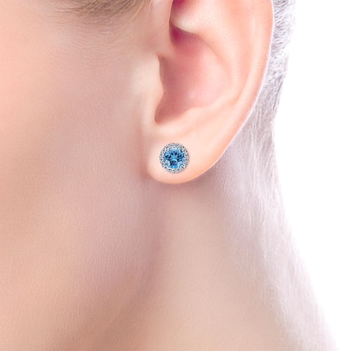 14K White Gold Blue Topaz and Diamond Halo Stud Earrings - 0.1 ct - Shot 2
