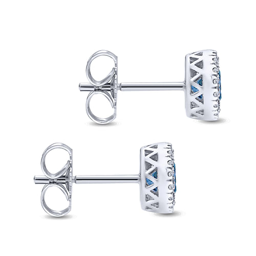 14K White Gold Blue Topaz and Diamond Halo Stud Earrings - 0.1 ct - Shot 3