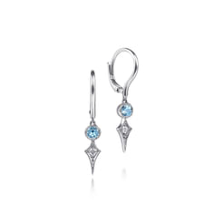 14K White Gold Blue Topaz and Spiked Diamond Kite Drop Earrings