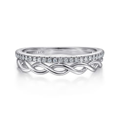 14K White Gold Braided Metal and Diamond Row Ring