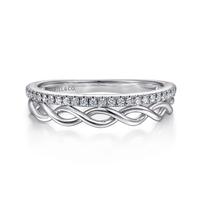 14K White Gold Braided Metal and Diamond Row Ring
