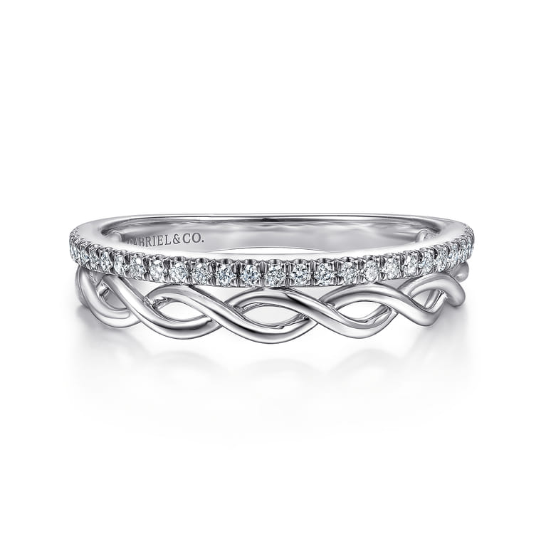 14K White Gold Braided Metal and Diamond Row Ring - 0.15 ct - Shot 1