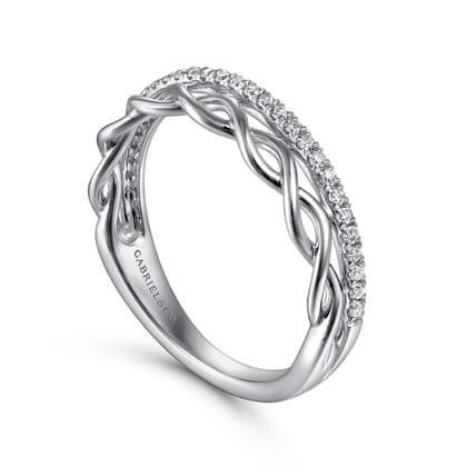14K White Gold Braided Metal and Diamond Row Ring
