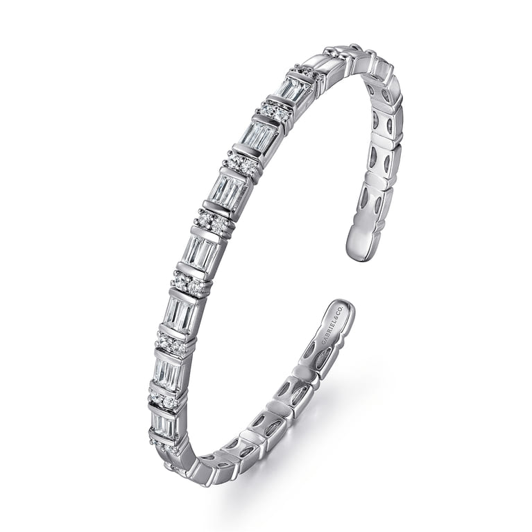 14K White Gold Bujukan Bangle With Diamond Baguette Stations - 1.6 ct - Shot 2