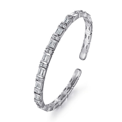 14K White Gold Bujukan Bangle with Diamond Baguette Stations