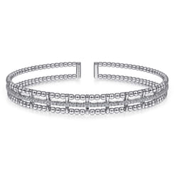 14K White Gold Bujukan Bead Cuff Bangle with Inner Diamond Channel