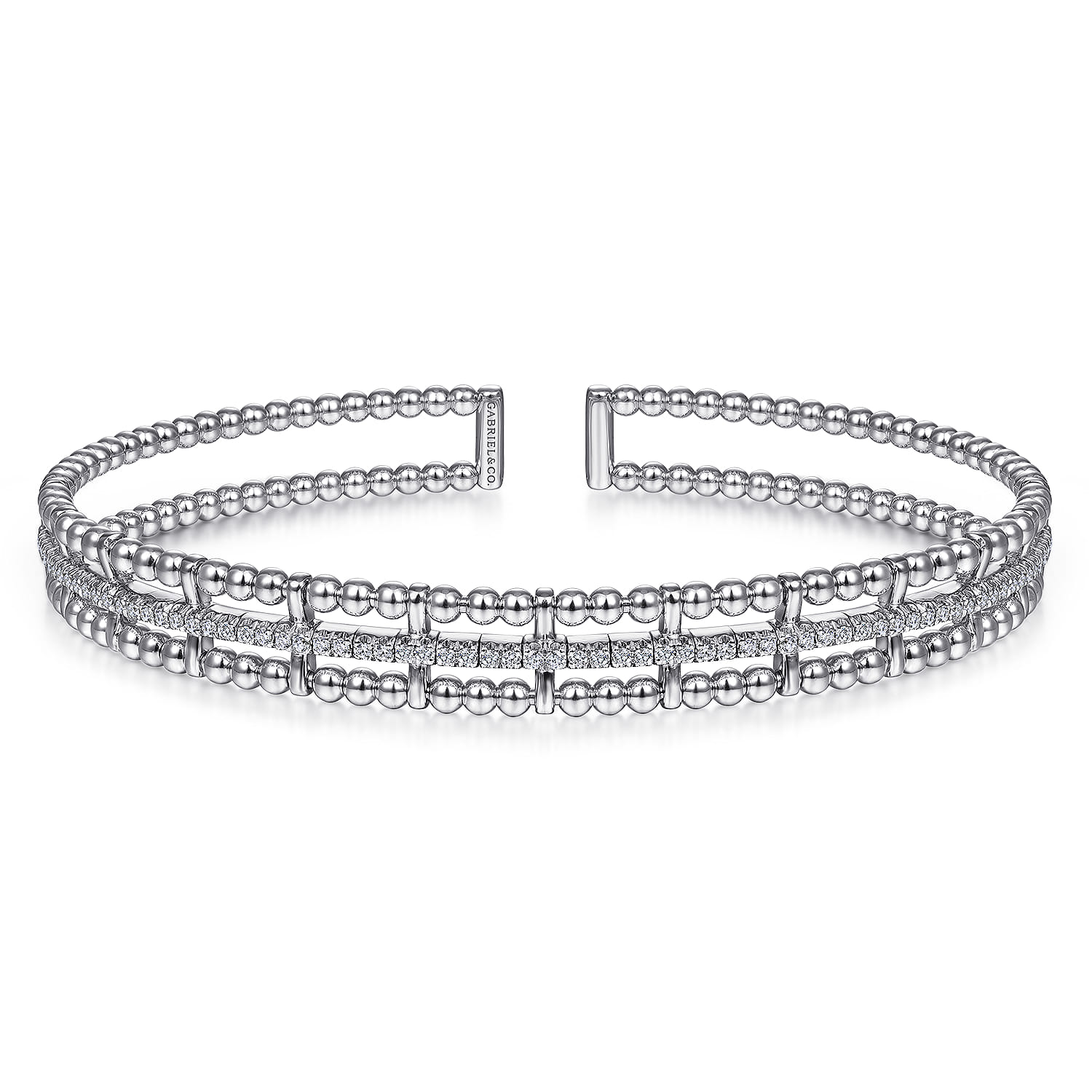14K White Gold Bujukan Bead Cuff Bangle with Inner Diamond Channel - 0.35 ct - Shot 1