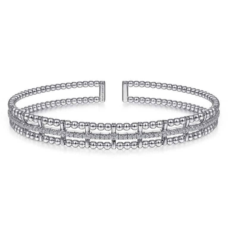 14K White Gold Bujukan Bead Cuff Bangle with Inner Diamond Channel - 0.35 ct - Shot 1