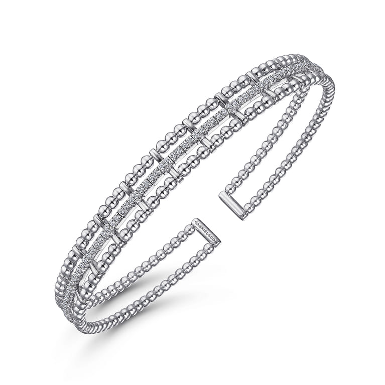14K White Gold Bujukan Bead Cuff Bangle with Inner Diamond Channel - 0.35 ct - Shot 2