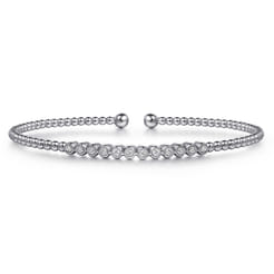14K White Gold Bujukan Bead Cuff Bracelet with Bezel Set Diamond Stations
