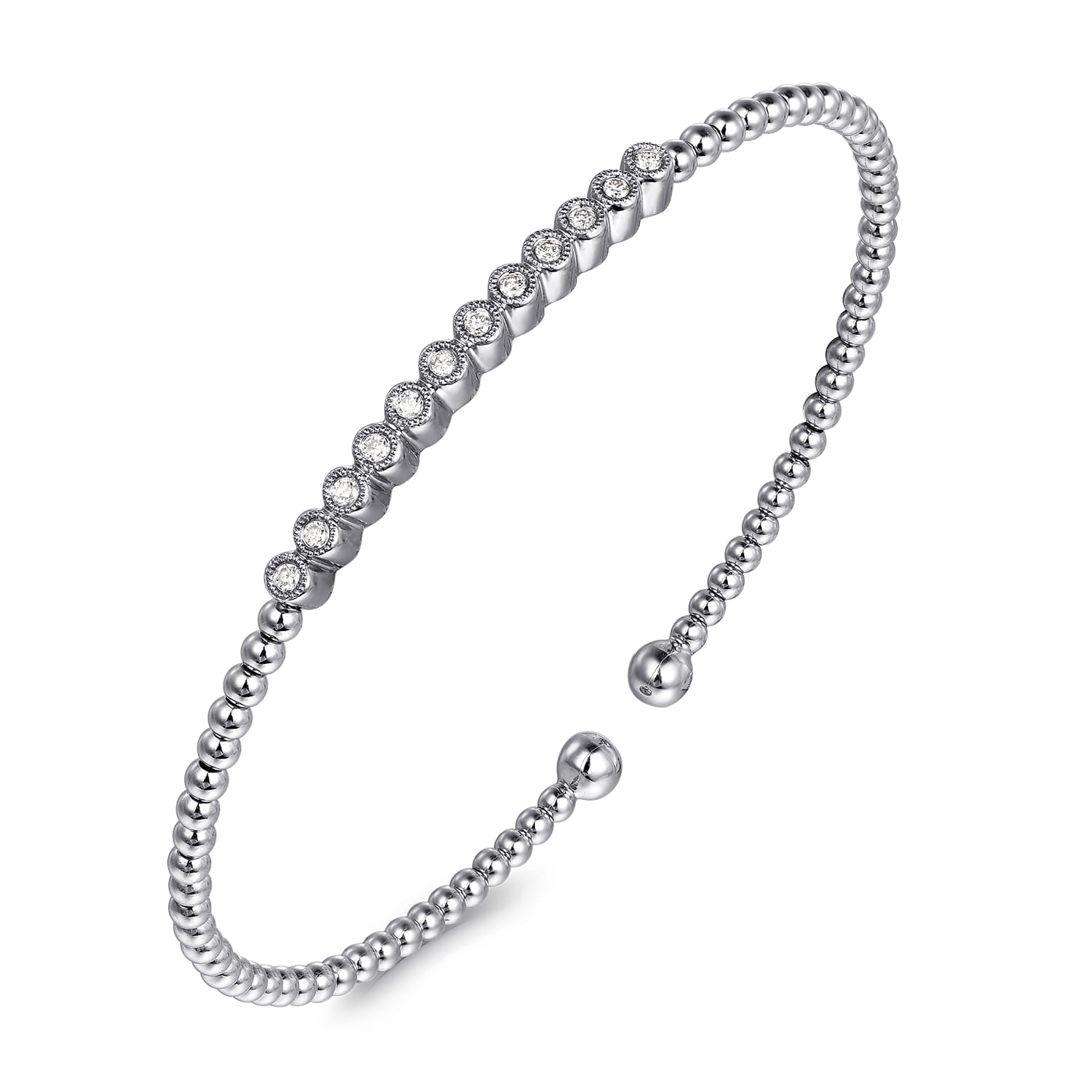 14K White Gold Bujukan Bead Cuff Bracelet with Bezel Set Diamond Stations - 0.15 ct - Shot 2