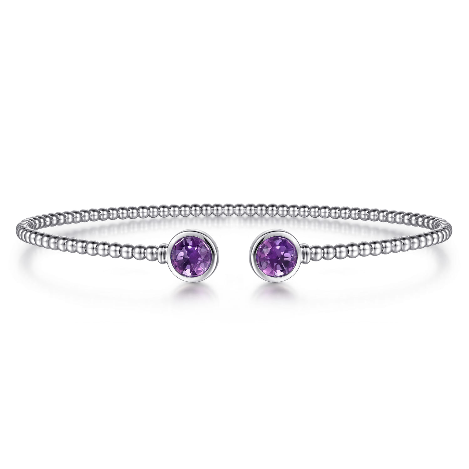 14K White Gold Bujukan Bead Cuff Bracelet with Bezel Set Round Amethyst - Shot 1