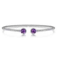 14K White Gold Bujukan Bead Cuff Bracelet with Bezel Set Round Amethyst