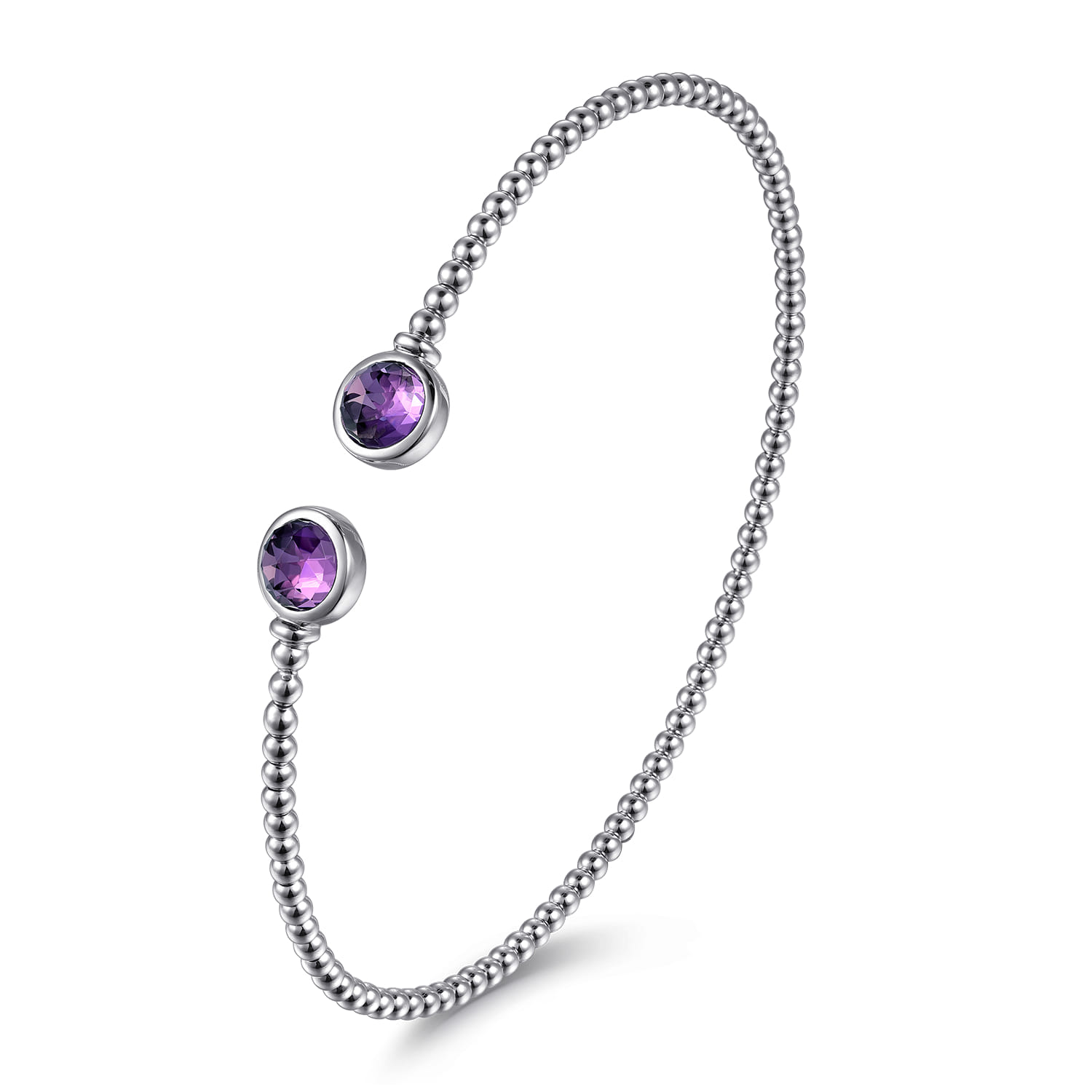 14K White Gold Bujukan Bead Cuff Bracelet with Bezel Set Round Amethyst - Shot 2