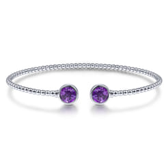 14K White Gold Bujukan Bead Cuff Bracelet with Bezel Set Round Amethyst