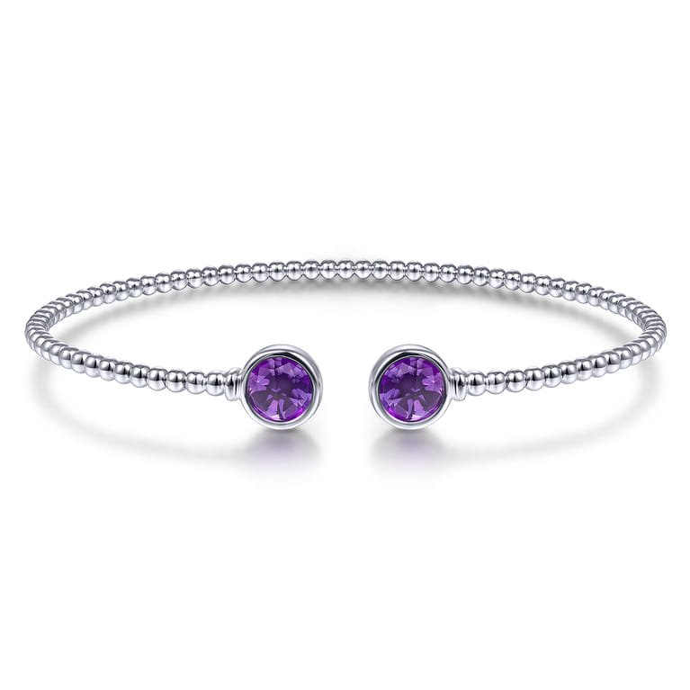 14K White Gold Bujukan Bead Cuff Bracelet with Bezel Set Round Amethyst - Shot 1