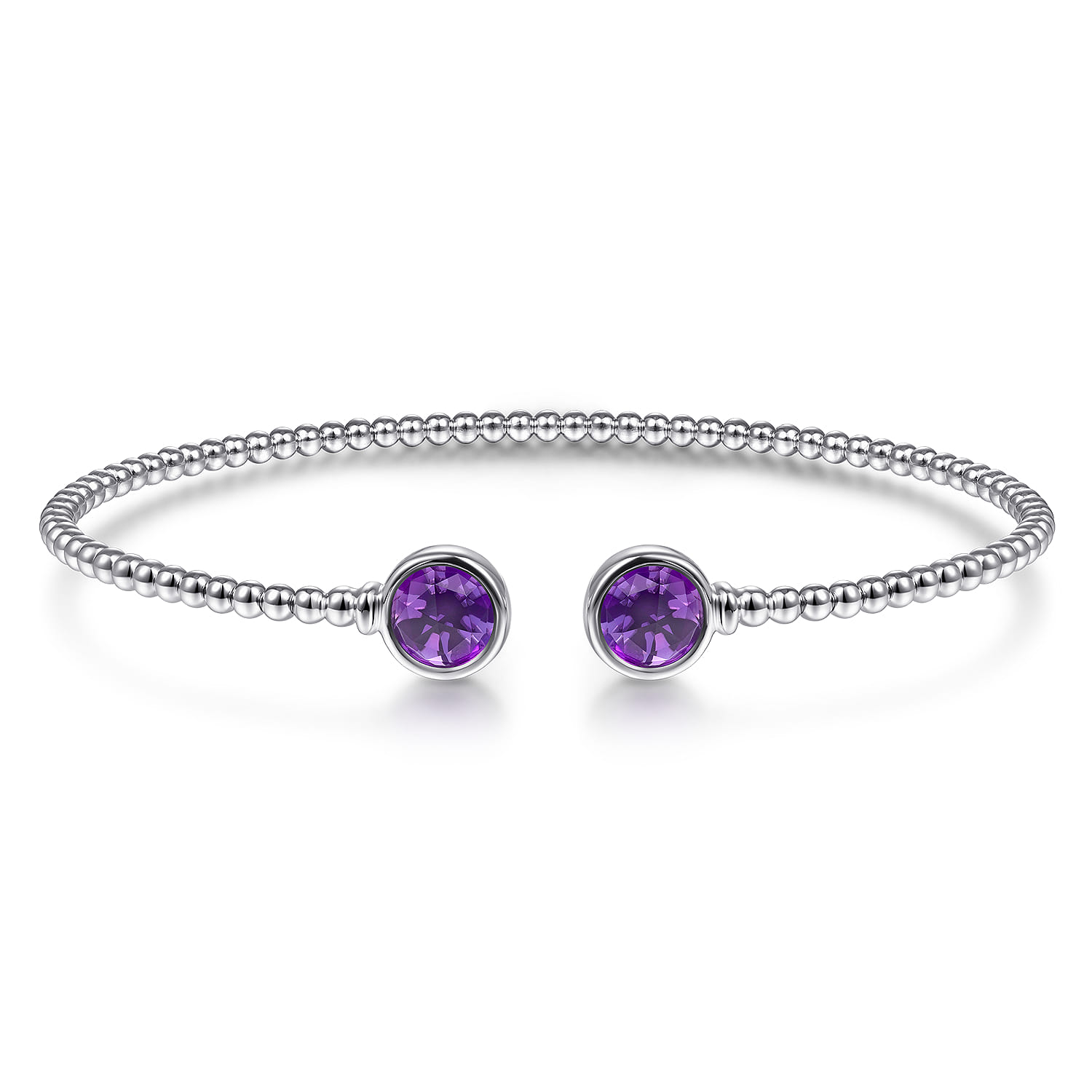 14K White Gold Bujukan Bead Cuff Bracelet with Bezel Set Round Amethyst - Shot 1