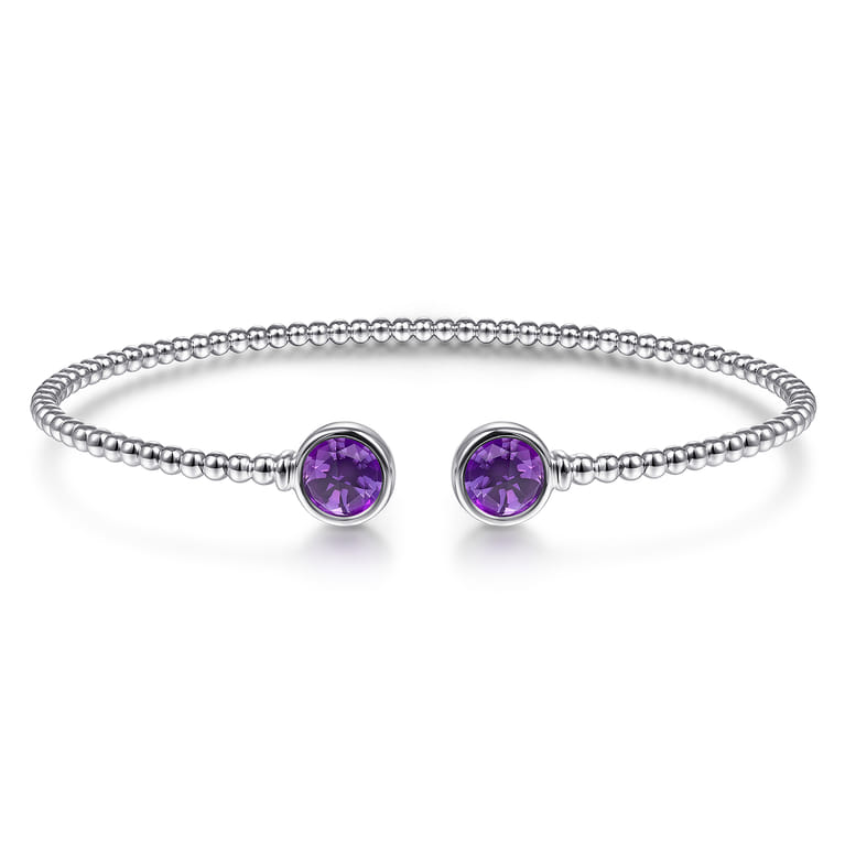 14K White Gold Bujukan Bead Cuff Bracelet with Bezel Set Round Amethyst - Shot 1