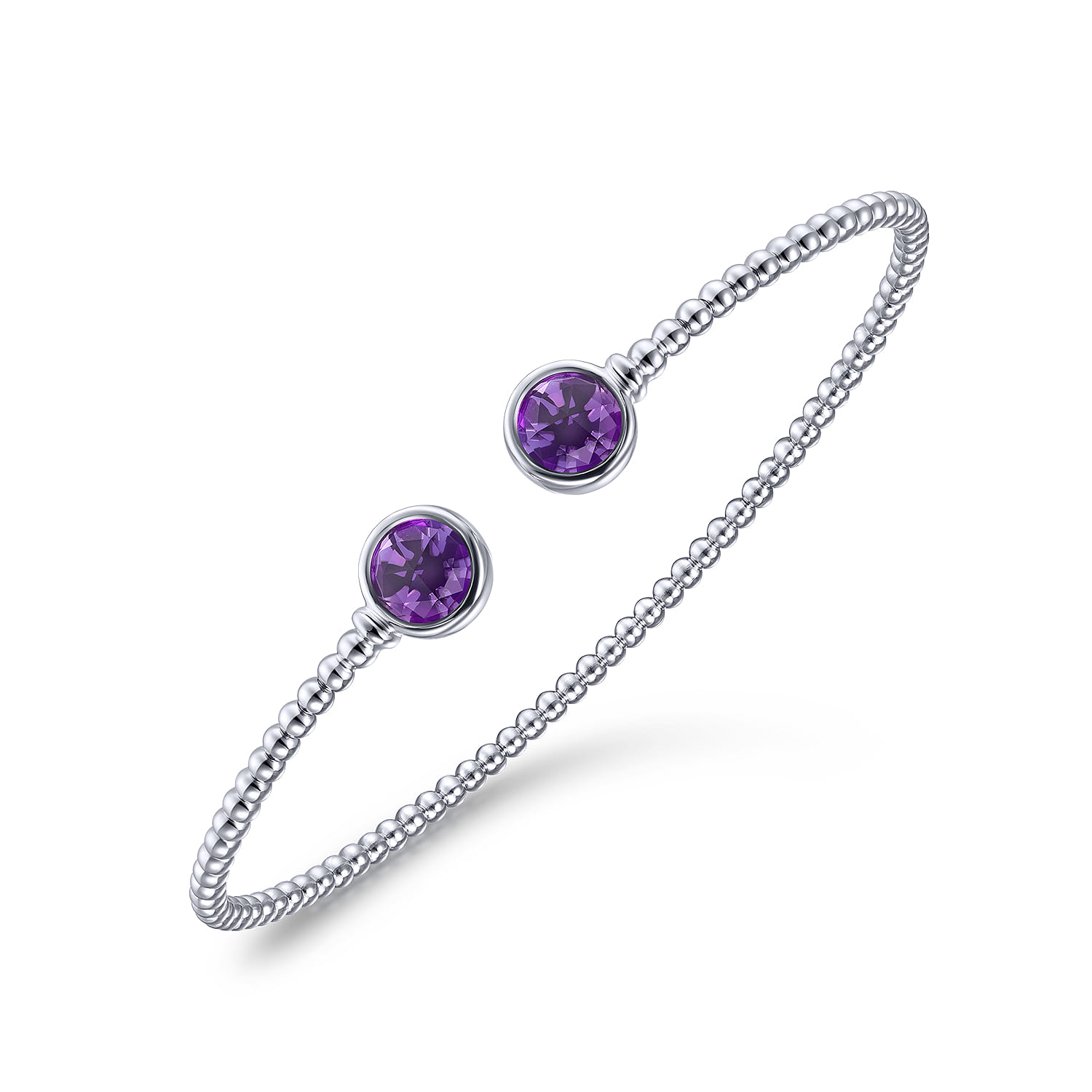 14K White Gold Bujukan Bead Cuff Bracelet with Bezel Set Round Amethyst - Shot 2