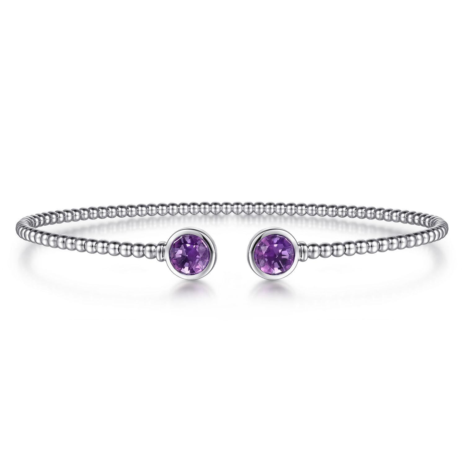 14K White Gold Bujukan Bead Cuff Bracelet with Bezel Set Round Amethyst