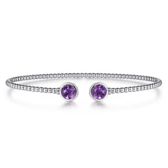 14K White Gold Bujukan Bead Cuff Bracelet with Bezel Set Round Amethyst