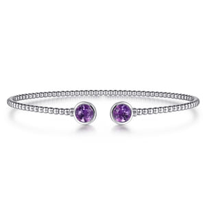 14K White Gold Bujukan Bead Cuff Bracelet with Bezel Set Round Amethyst