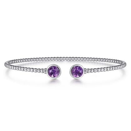 14K White Gold Bujukan Bead Cuff Bracelet with Bezel Set Round Amethyst