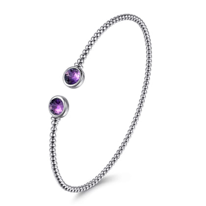 14K White Gold Bujukan Bead Cuff Bracelet with Bezel Set Round Amethyst
