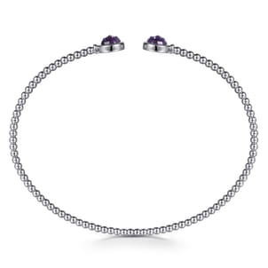 14K White Gold Bujukan Bead Cuff Bracelet with Bezel Set Round Amethyst