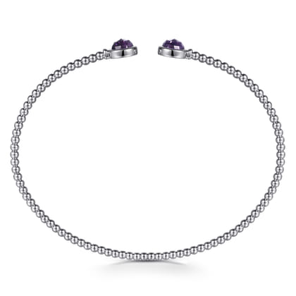 14K White Gold Bujukan Bead Cuff Bracelet with Bezel Set Round Amethyst