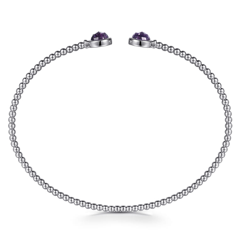 14K White Gold Bujukan Bead Cuff Bracelet with Bezel Set Round Amethyst - Shot 3