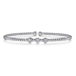 14K White Gold Bujukan Bead Cuff Bracelet with Cluster Diamond Hexagon Stations