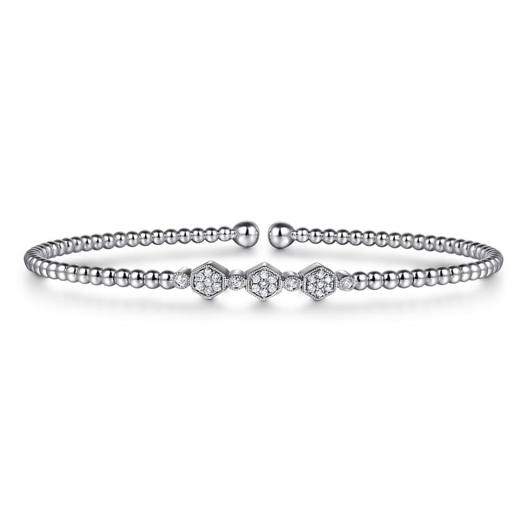 14K White Gold Bujukan Bead Cuff Bracelet with Cluster Diamond Hexagon Stations - 0.14 ct - Shot 1