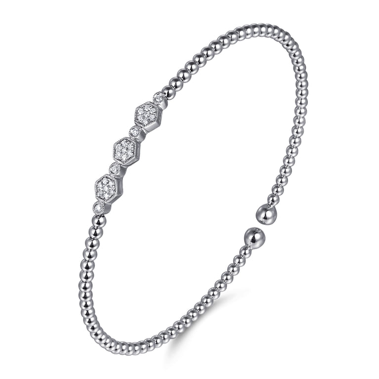 14K White Gold Bujukan Bead Cuff Bracelet with Cluster Diamond Hexagon Stations - 0.14 ct - Shot 2