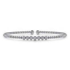 14K White Gold Bujukan Bead Cuff Bracelet with Cluster Diamond Stations