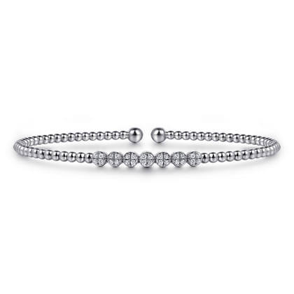 14K White Gold Bujukan Bead Cuff Bracelet with Cluster Diamond Stations