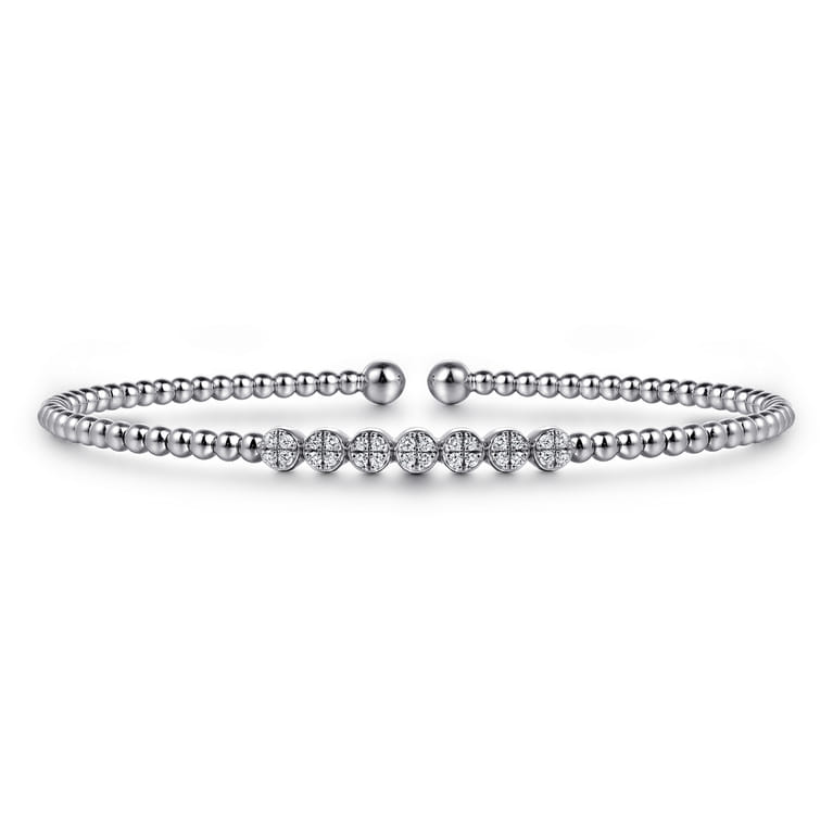 14K White Gold Bujukan Bead Cuff Bracelet with Cluster Diamond Stations - 0.14 ct - Shot 1