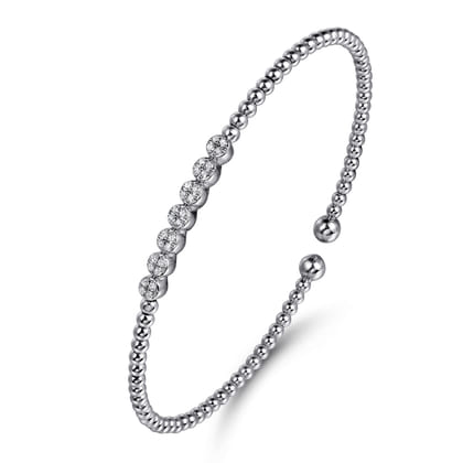 14K White Gold Bujukan Bead Cuff Bracelet with Cluster Diamond Stations