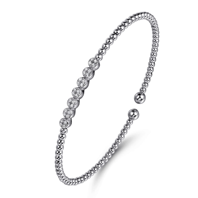 14K White Gold Bujukan Bead Cuff Bracelet with Cluster Diamond Stations - 0.14 ct - Shot 2