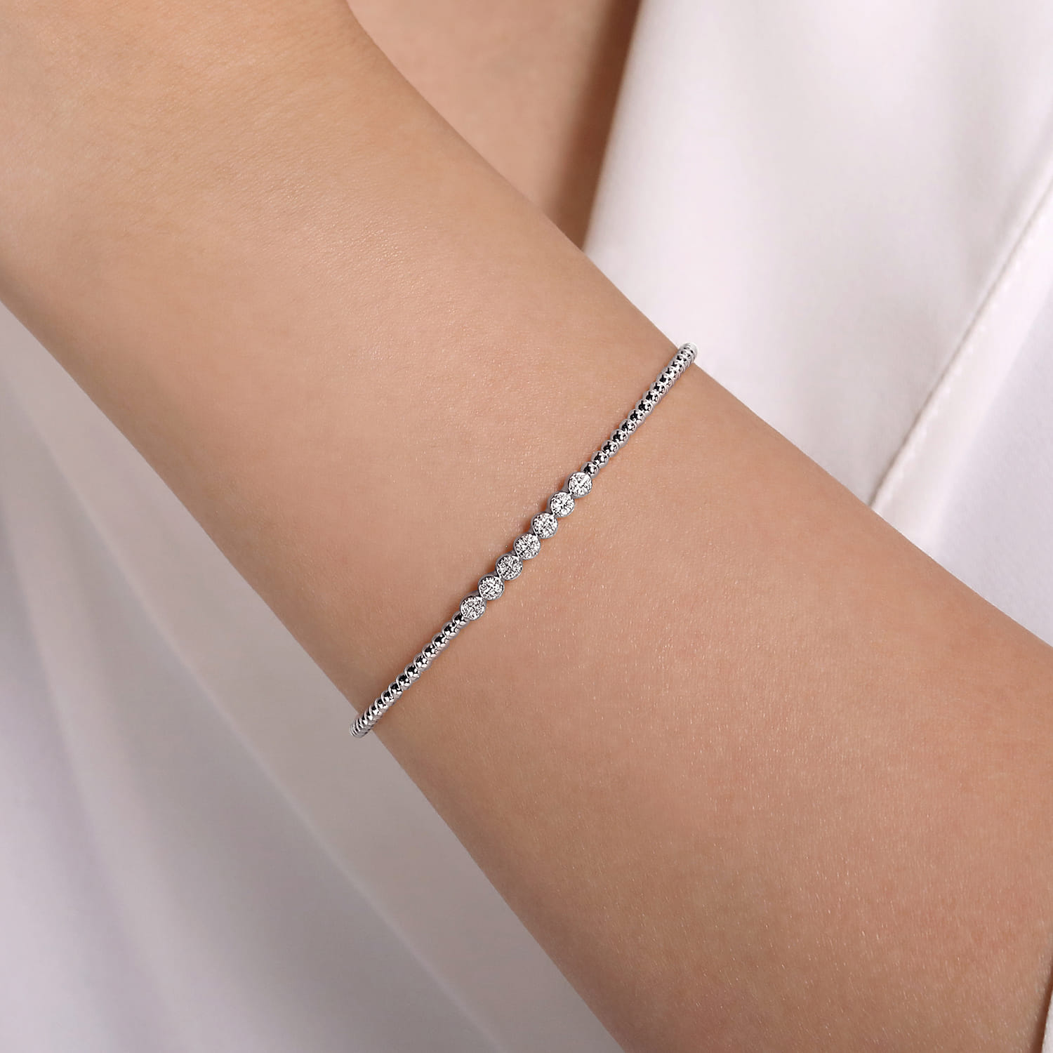 14K White Gold Bujukan Bead Cuff Bracelet with Cluster Diamond Stations - 0.14 ct - Shot 4