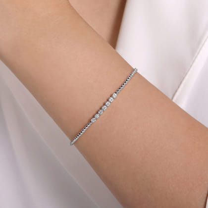 14K White Gold Bujukan Bead Cuff Bracelet with Cluster Diamond Stations
