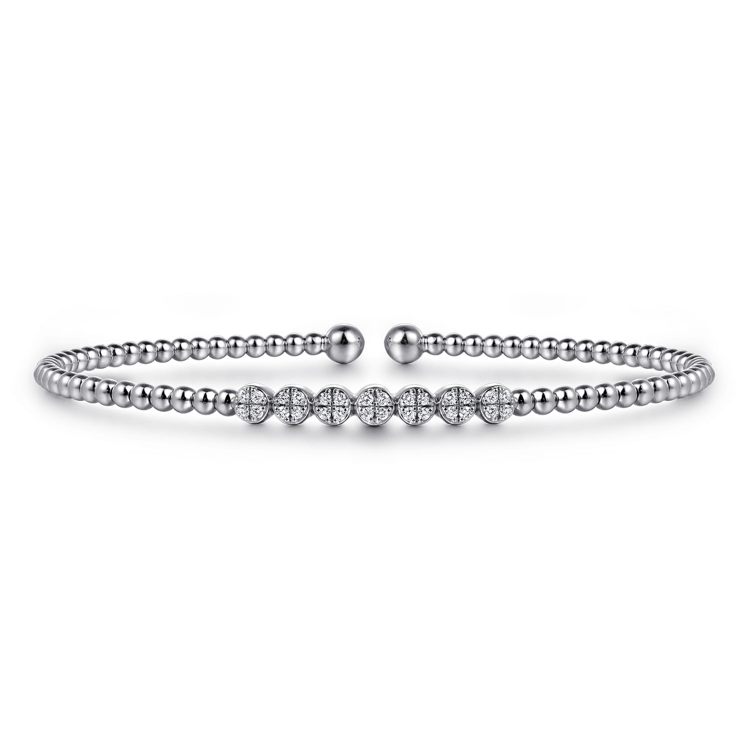 14K White Gold Bujukan Bead Cuff Bracelet with Cluster Diamond Stations - 0.14 ct - Shot 1