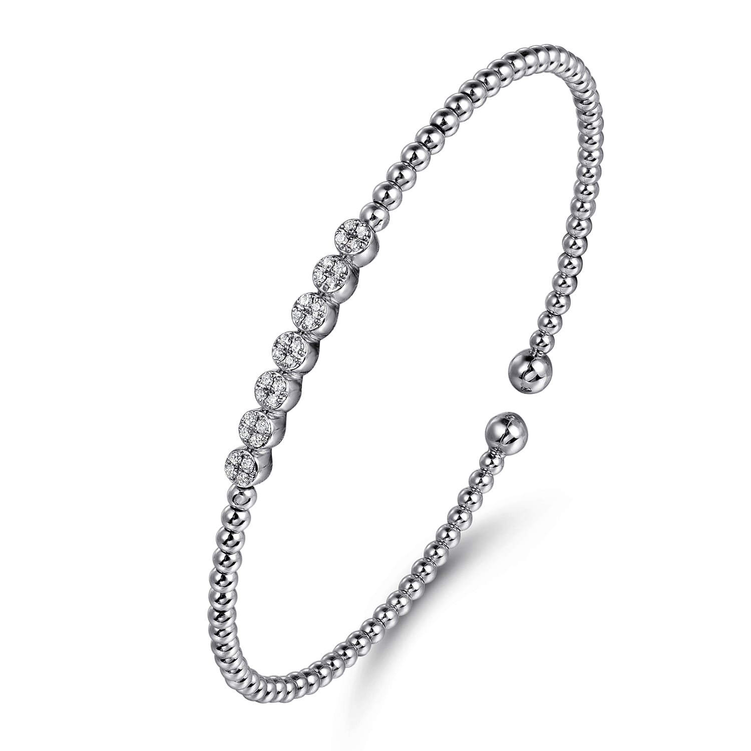 14K White Gold Bujukan Bead Cuff Bracelet with Cluster Diamond Stations - 0.14 ct - Shot 2