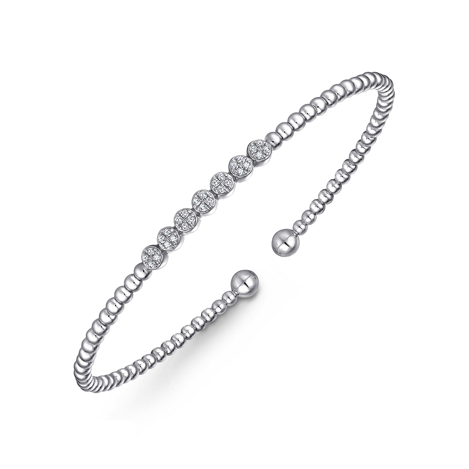 14K White Gold Bujukan Bead Cuff Bracelet with Cluster Diamond Stations - 0.13 ct - Shot 2