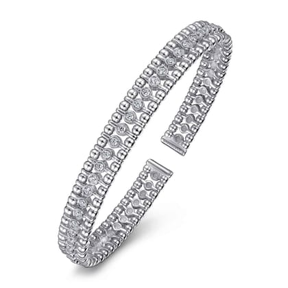 14K White Gold Bujukan Bead Cuff Bracelet with Diamond Bezel Connectors
