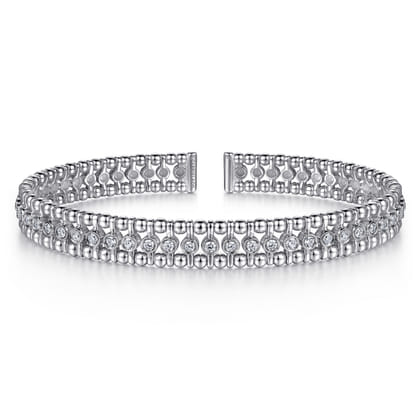 14K White Gold Bujukan Bead Cuff Bracelet with Diamond Bezel Connectors