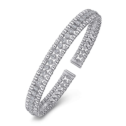 14K White Gold Bujukan Bead Cuff Bracelet with Diamond Bezel Connectors