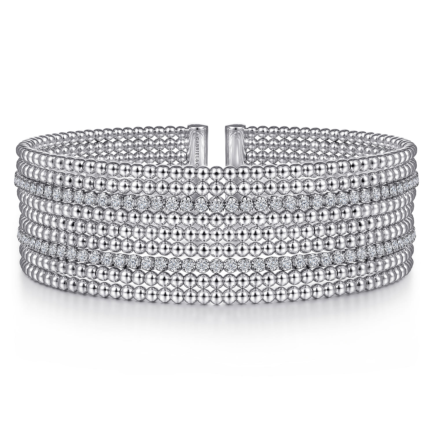 14K White Gold Bujukan Bead Cuff Bracelet with Diamond Channels - 1.3 ct - Shot 1