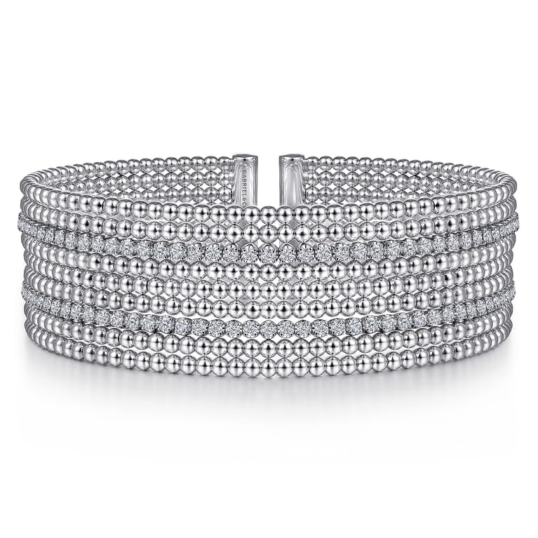 14K White Gold Bujukan Bead Cuff Bracelet with Diamond Channels - 1.3 ct - Shot 1
