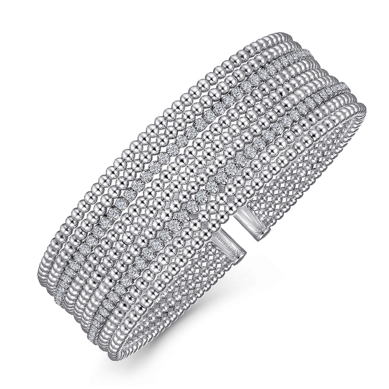14K White Gold Bujukan Bead Cuff Bracelet with Diamond Channels - 1.3 ct - Shot 2